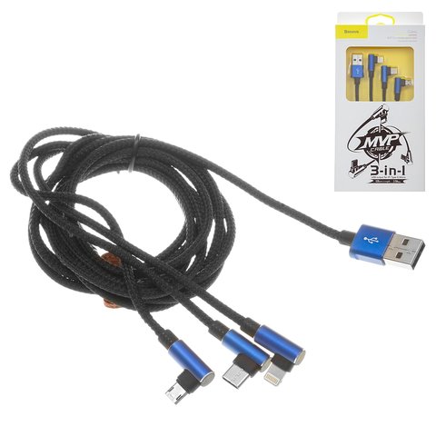 USB кабель Baseus MVP Mobile Game, USB тип C, USB тип A, micro USB тип B, Lightning, 120 см, 3,5 А, синій, передавання даних лише на Lightning, двосторонній micro USB тип B, Г подібний, в нейлоновому обплетенні, 3 в 1, #CAMLT WZ03