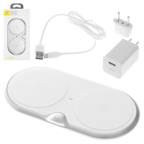 Беспроводное зарядное устройство Baseus Dual Plastic Style, Quick Charge, на два телефона, 220 В, выход 5В 7.5В 10В , USB тип C вход 5В 3А 9В 3А , белое, USB тип C, пластик, #WXSJK 02