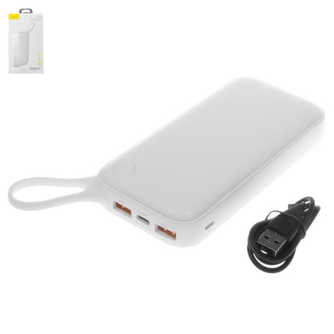 Power bank Baseus BS P20KQ2B, 20000 мАч, Тип C выход 5В 2,4A 9В 2A 12В 1,5A 15В 1,2A, USB тип C вход 5В 3A 9В 2A 12В 1.5A 15В 1.2A, micro USB тип B вход 5В 2,1А, 2 USB выхода 3,6 6,5В 2,4A 6,5 9В 2A 9 12В 1,5A, 145 × 72 × 26 мм, белый, Quick Charge, #PPKC A02