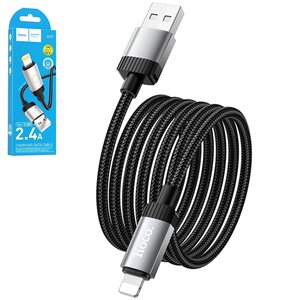 USB кабель Hoco X117, USB тип A, Lightning, 100 см, 2,4 А, черный, с индикатором, в нейлоновой оплетке, #6942007652544