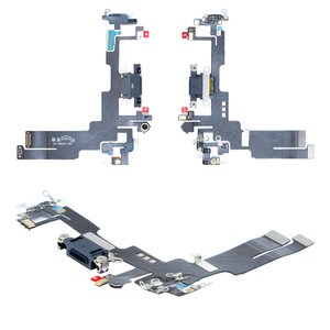 Flat Cable compatible with iPhone 14, charge connector, black, with microphone, with components, HC 