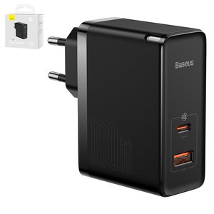 Adaptador de red Baseus GaN5 Pro, 100 W, Quick Charge, negro, con cable USB tipo C USB tipo C, 2 puertos, #CCGP090201