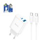 Adaptador de red Hoco C105A, 20 W, Power Delivery (PD), blanco, con cable USB tipo C - USB tipo C, 2 puertos, #6931474782922