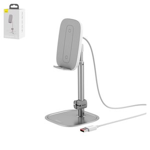 Soporte Baseus Literary Youth Desktop Bracket, de sobremesa, plateado, metal, con cargador inalámbrico, #SUWY D0S